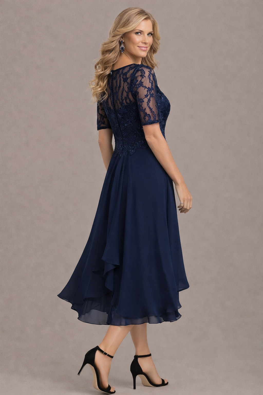 Textured Elegant lace sleeve round neck midi dress for women | Sophie