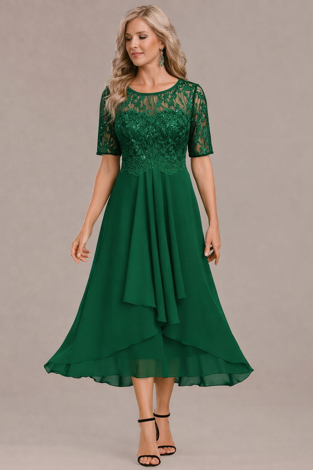 Textured Elegant lace sleeve round neck midi dress for women | Sophie