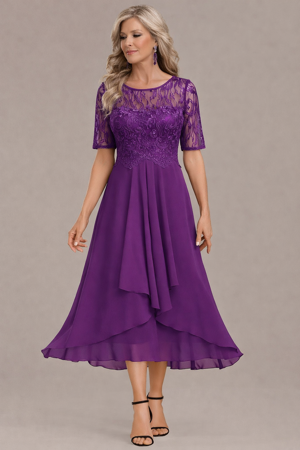 Textured Elegant lace sleeve round neck midi dress for women | Sophie