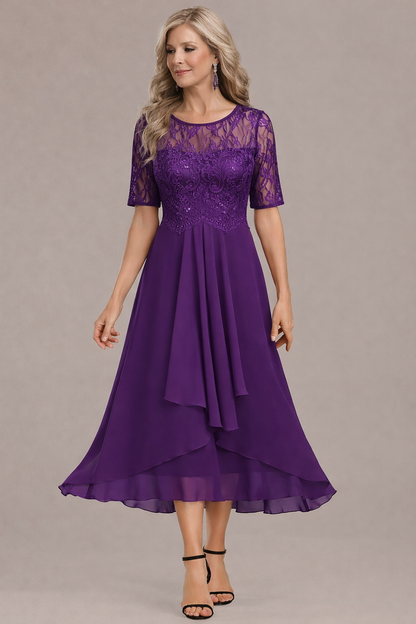 Textured Elegant lace sleeve round neck midi dress for women | Sophie