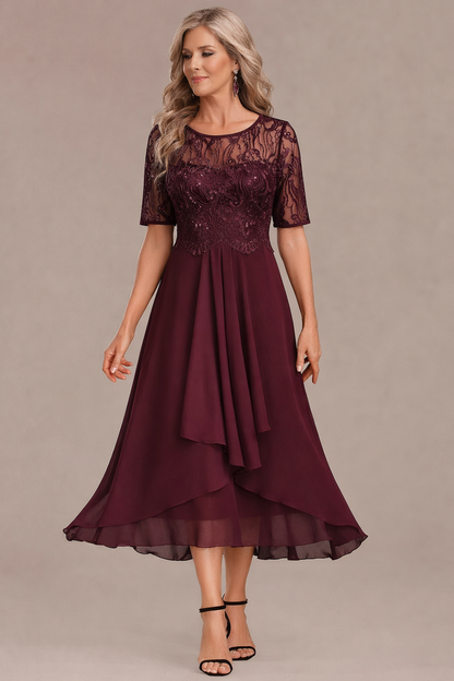 Textured Elegant lace sleeve round neck midi dress for women | Sophie