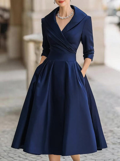 Quintessential Elegant Draped Collar Midi Dress For Women | Ange