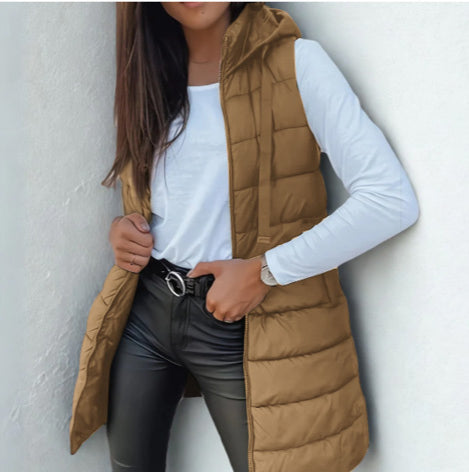 Kensington Casual Sleeveless Hooded Long Puffer Vest For Women | Elowise