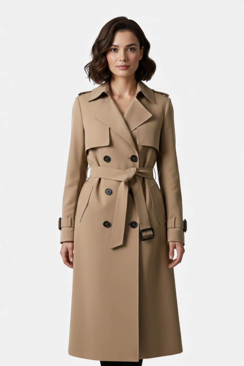 Nurturing Belted long trench coat with double-button front for women | Caurelle