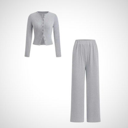 Cottage Elegant Button Front Long Sleeve Top And Trousers Set For Women | Arlena