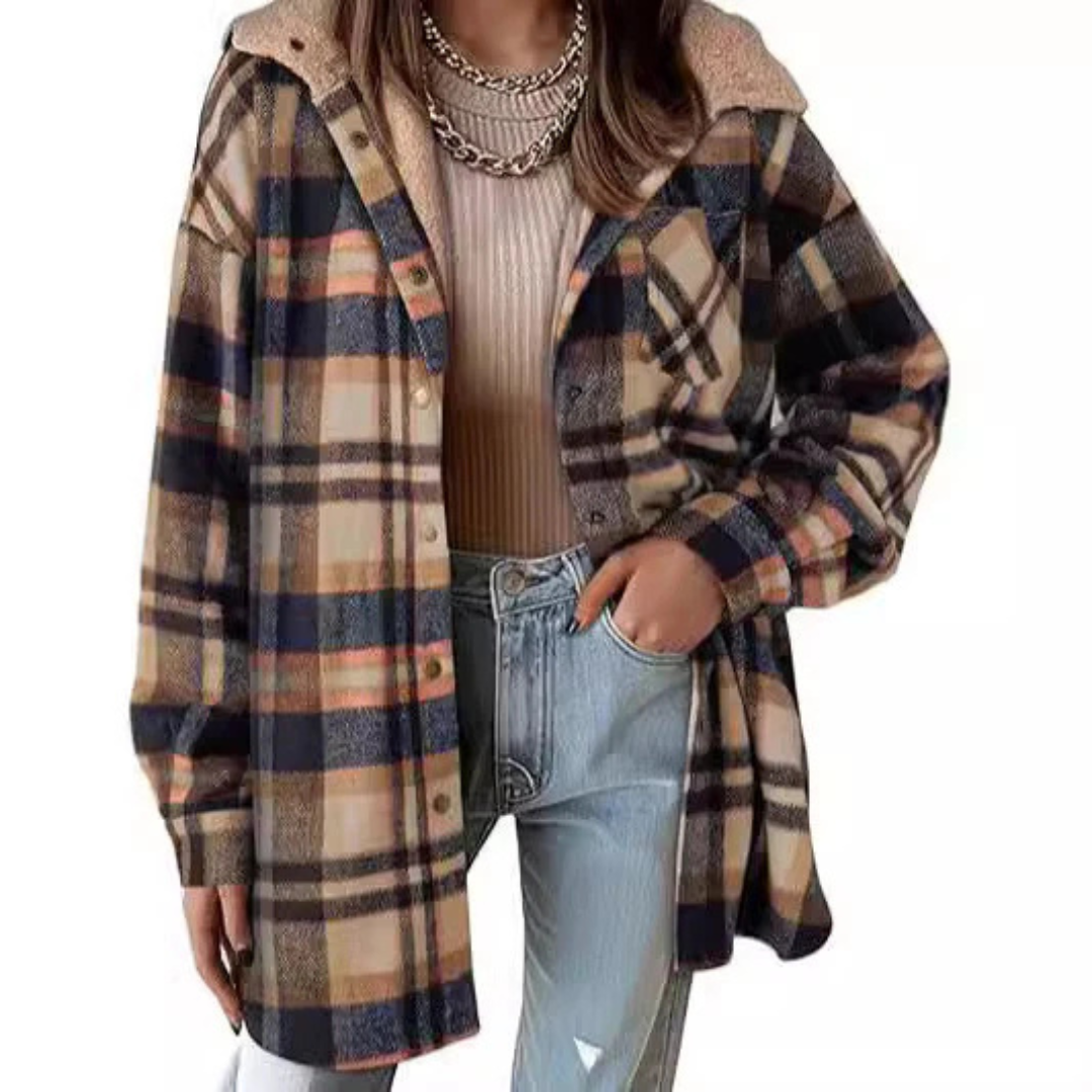 Long Relaxed Fit Hooded Plaid Jacket For Women | Brinley