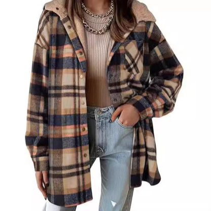 Long Relaxed Fit Hooded Plaid Jacket For Women | Brinley