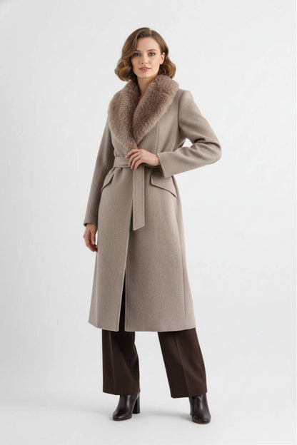 Reassuring Long coat with soft collar and belted waist for women | Caurelle
