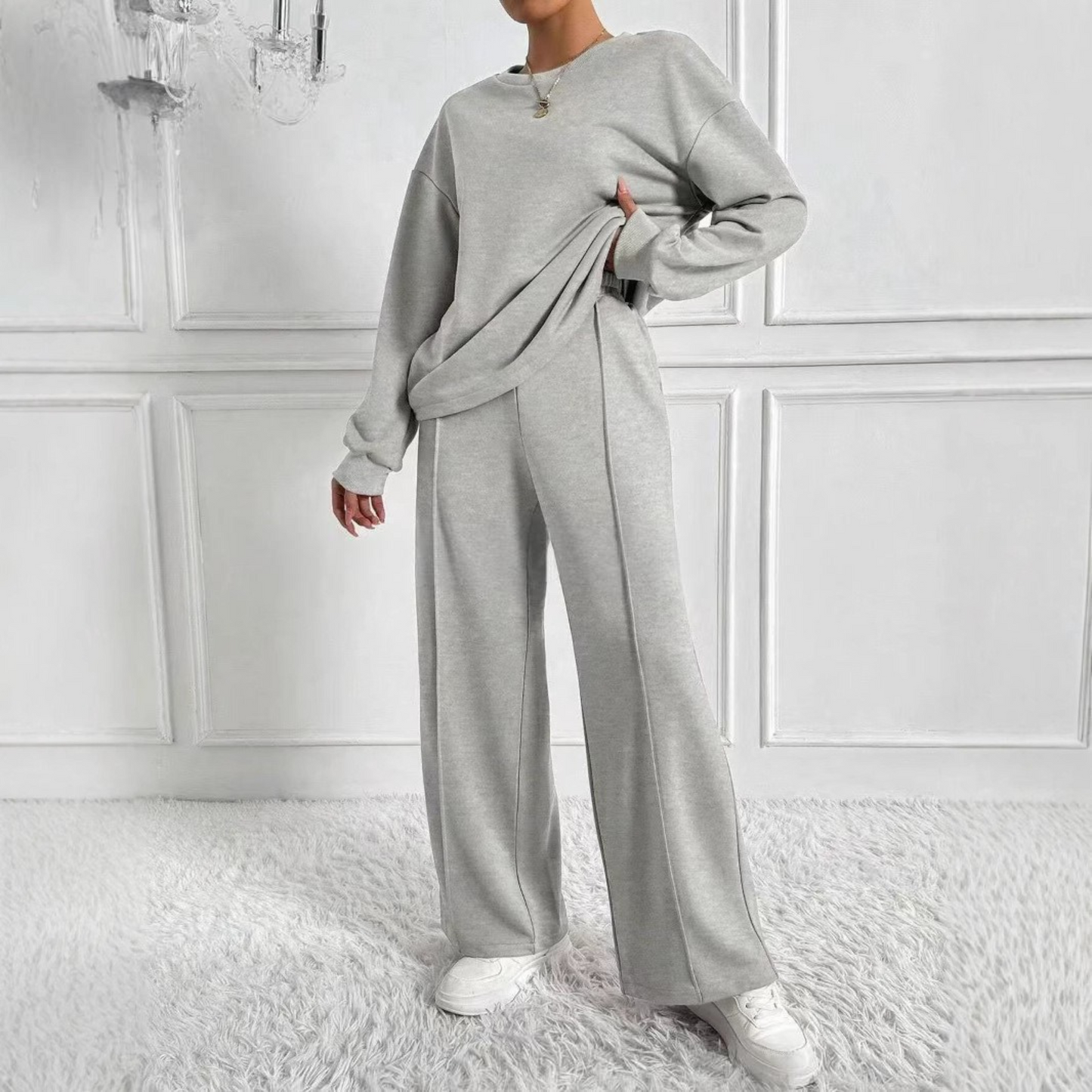 Slim Casual Long Sleeve Sweatshirt And High Waist Trousers Set For Women | Veloura