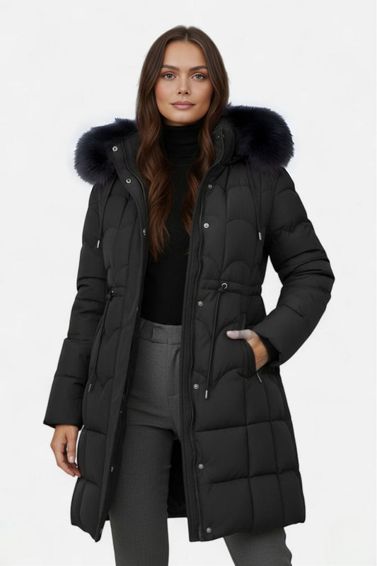 Energizing Long puffer coat with hood and adjustable waist for women | Caurelle