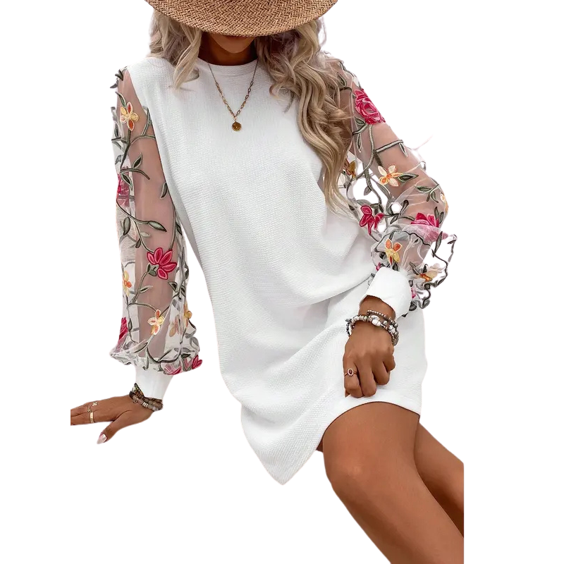Stately Floral Embroidered Bishop Sleeve Dress For Women | Elisia