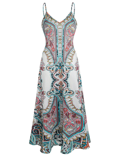 Buttoned Boho Floral Print Sleeveless Dress For Women | Maravelle