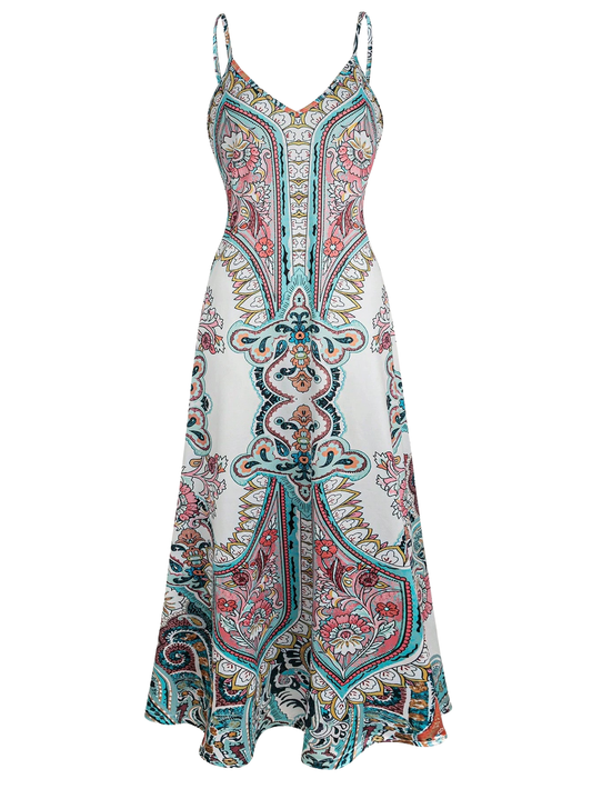 Buttoned Boho Floral Print Sleeveless Dress For Women | Maravelle