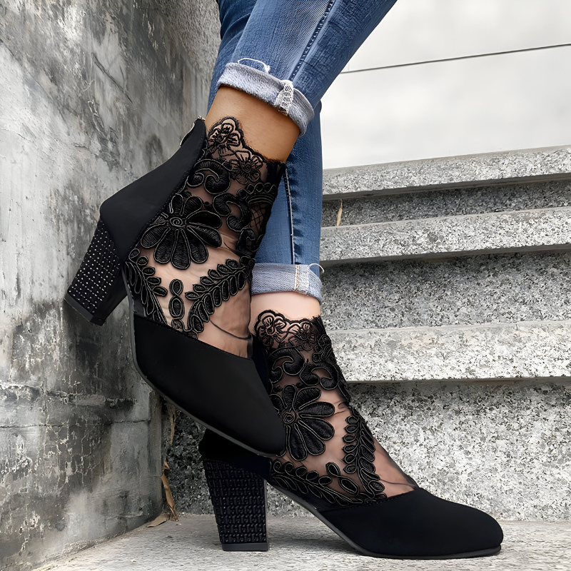 Mediterranean Lace Detail Block Heel Ankle Boots For Women | Valeria