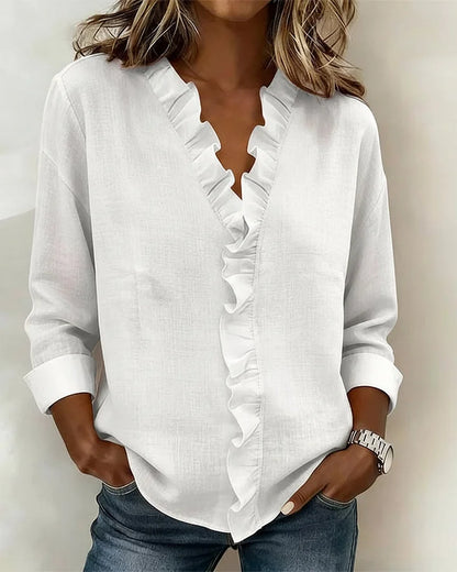 Centered Blouse with ruffled V-neck and long sleeves for women | Indie