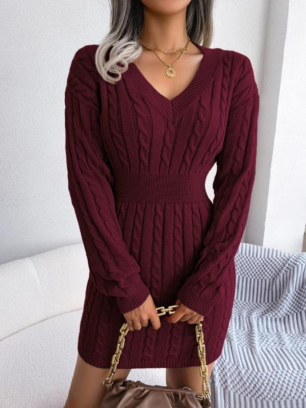 Belted Cozy Long Sleeve V Neck Sweater Dress For Women | Mirevalda