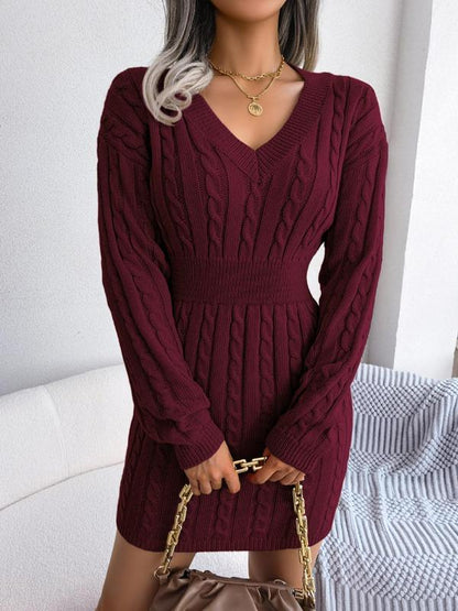 Belted Cozy Long Sleeve V Neck Sweater Dress For Women | Mirevalda