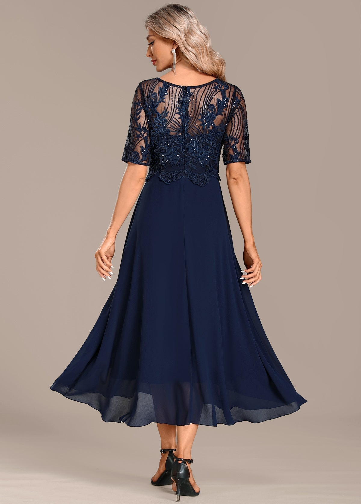 Notable Navy lace short sleeve midi dress for women | Sophie
