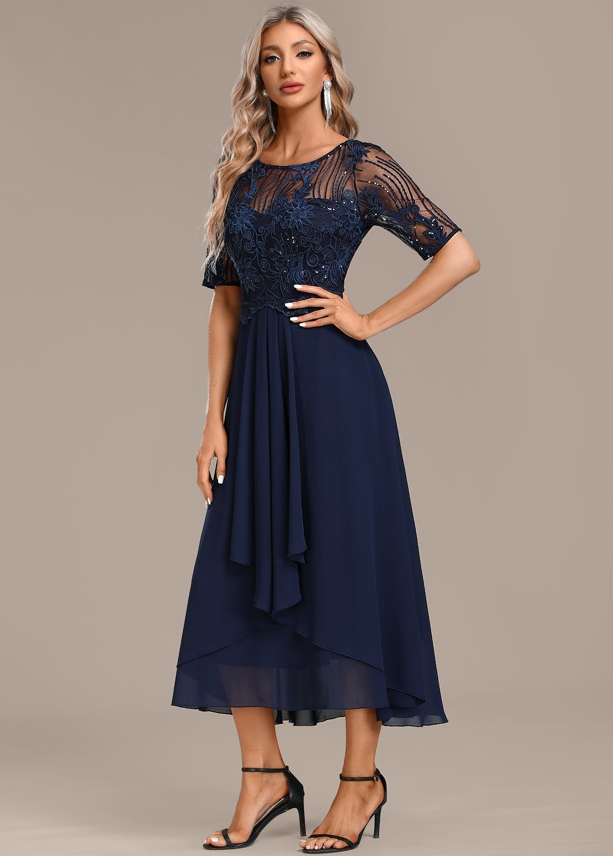 Notable Navy lace short sleeve midi dress for women | Sophie