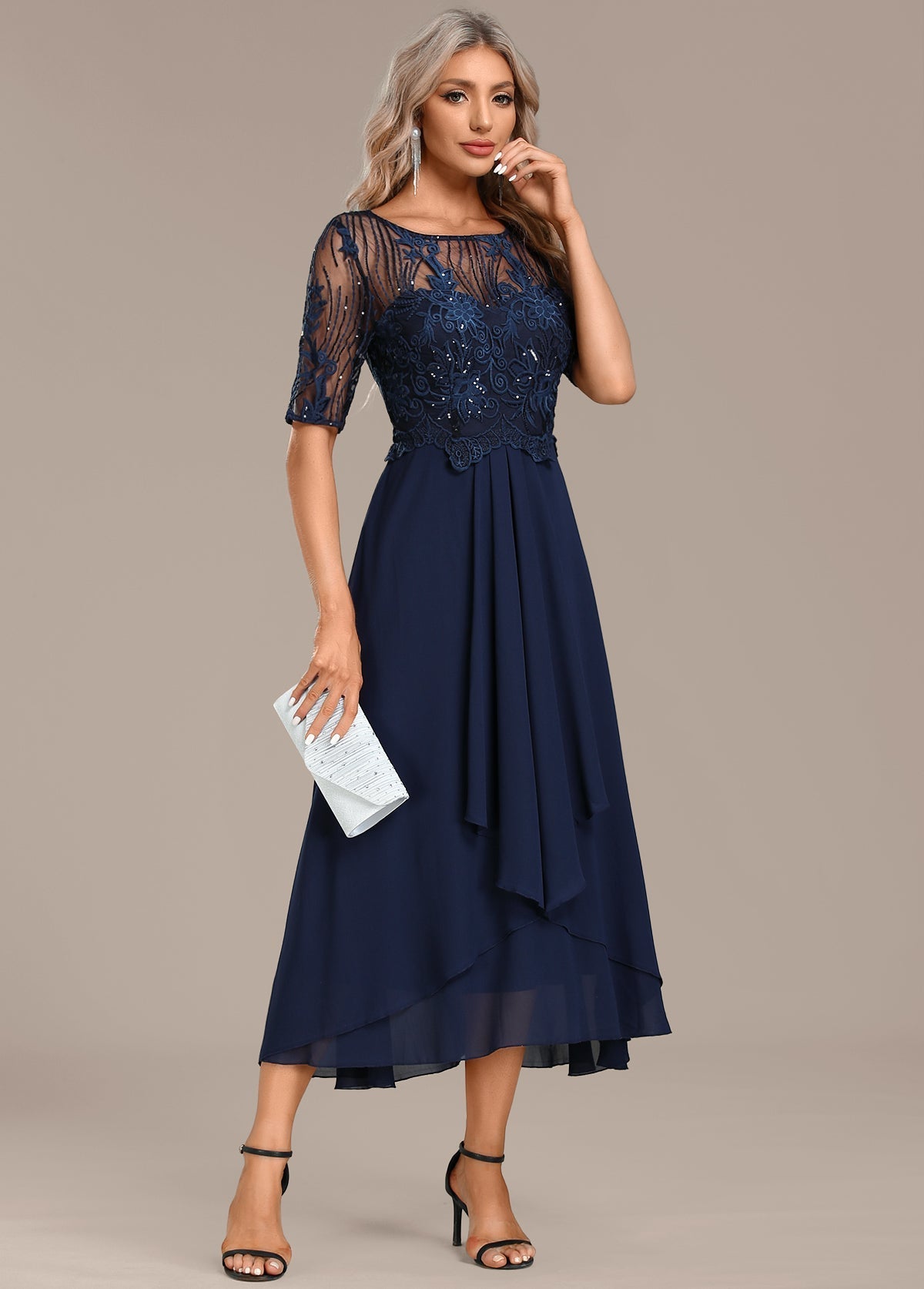 Notable Navy lace short sleeve midi dress for women | Sophie