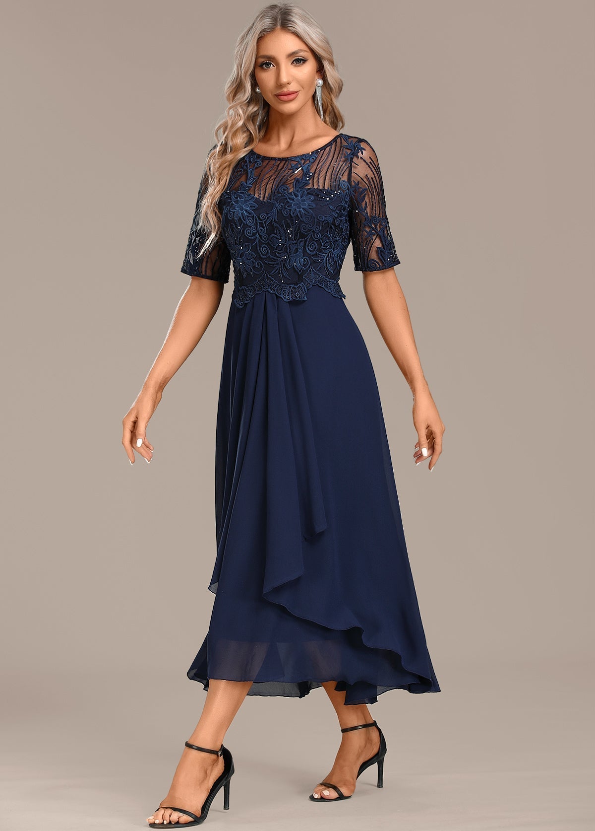 Notable Navy lace short sleeve midi dress for women | Sophie