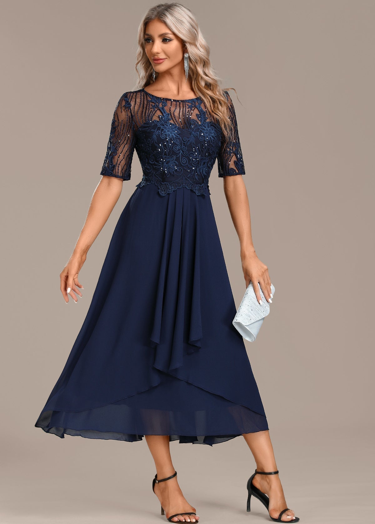 Notable Navy lace short sleeve midi dress for women | Sophie