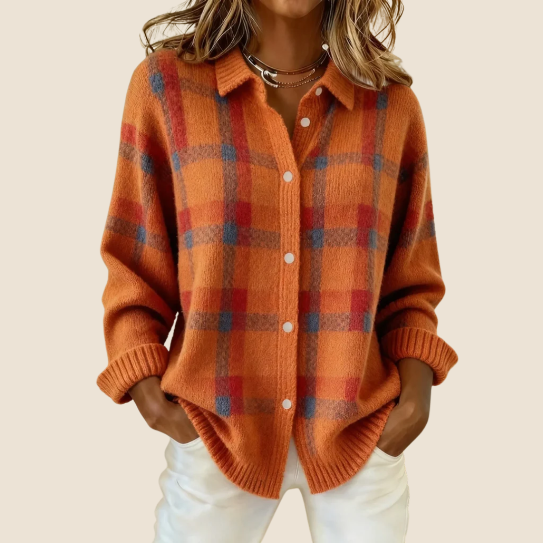 Friendly Retro Check Button Sweater For Women | Elodie