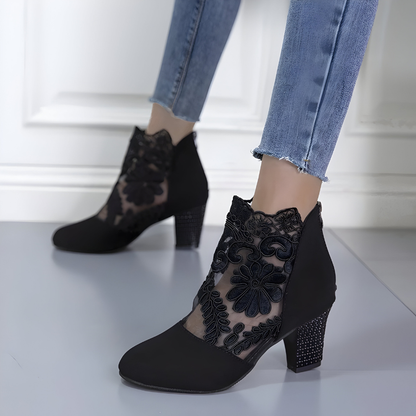 Mediterranean Lace Detail Block Heel Ankle Boots For Women | Valeria