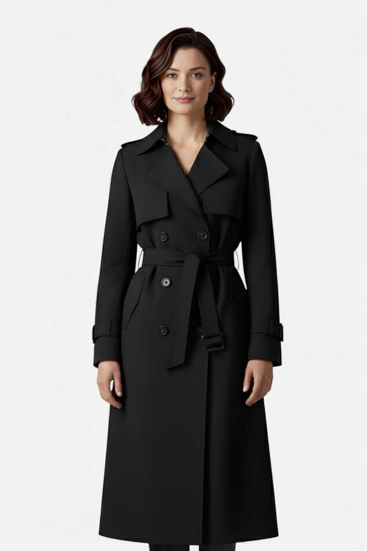 Nurturing Belted long trench coat with double-button front for women | Caurelle
