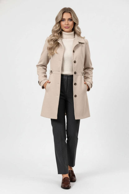 Tailored Belted Button Front Long Coat For Women | Mirevane