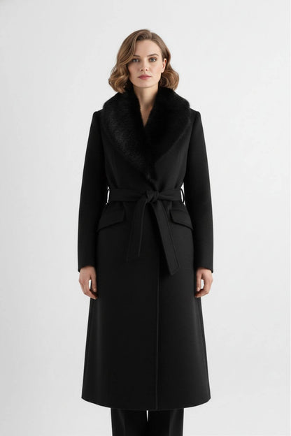 Reassuring Long coat with soft collar and belted waist for women | Caurelle
