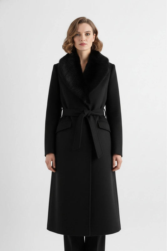 Reassuring Long coat with soft collar and belted waist for women | Caurelle