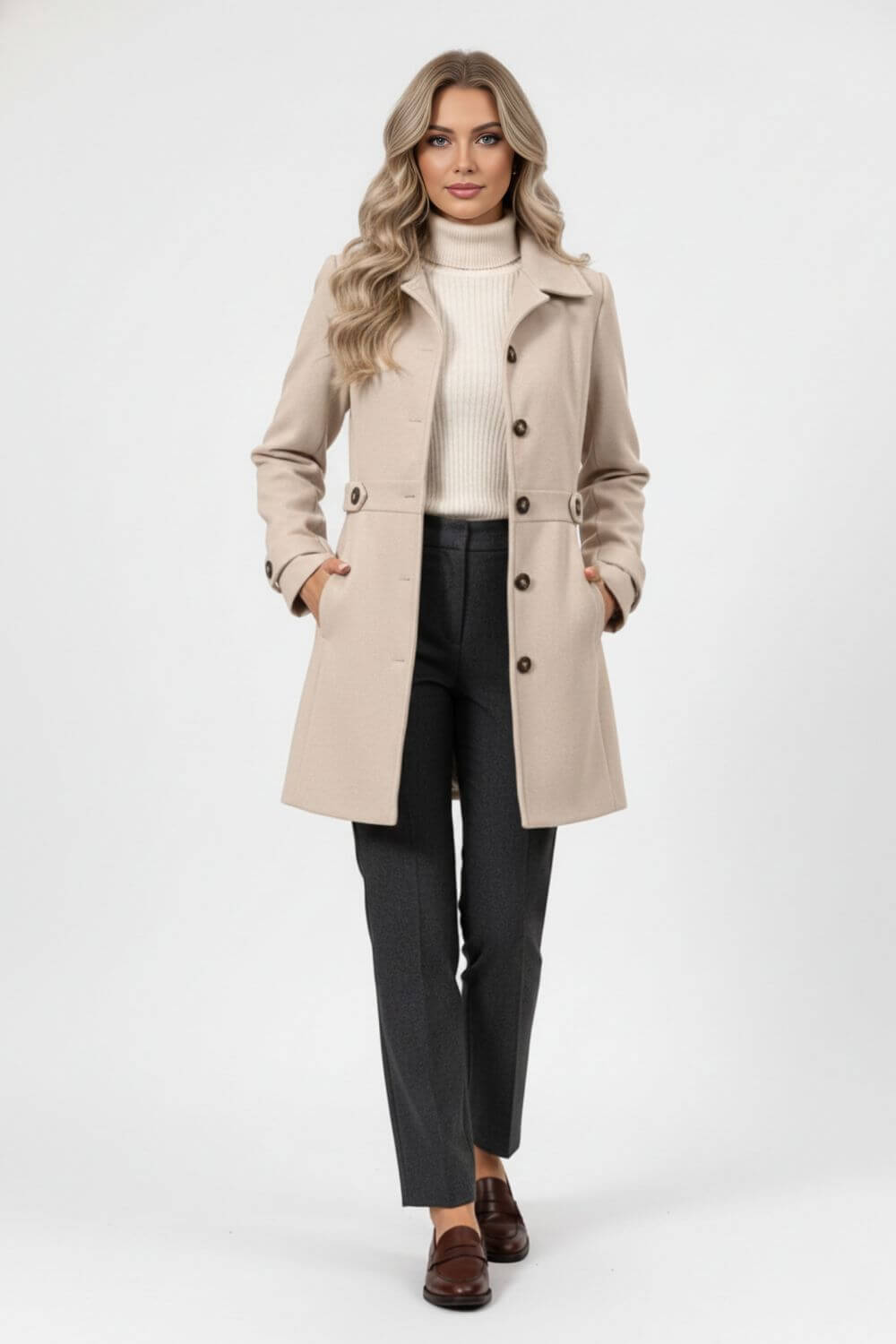 Stimulating Elegant buttoned winter coat with belted waist for women | Caurelle