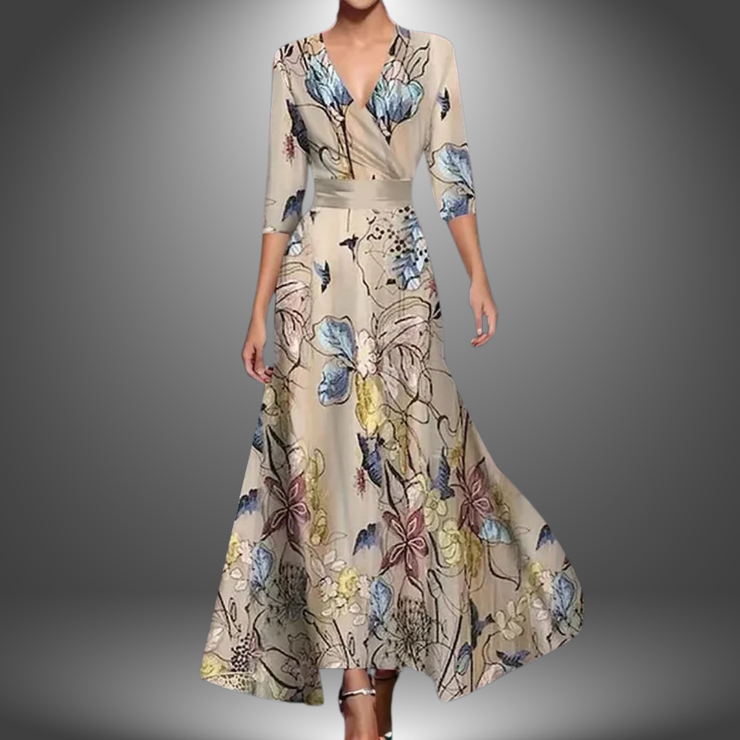 Radiant Floral V Neck Long Dress For Women | Maravelle