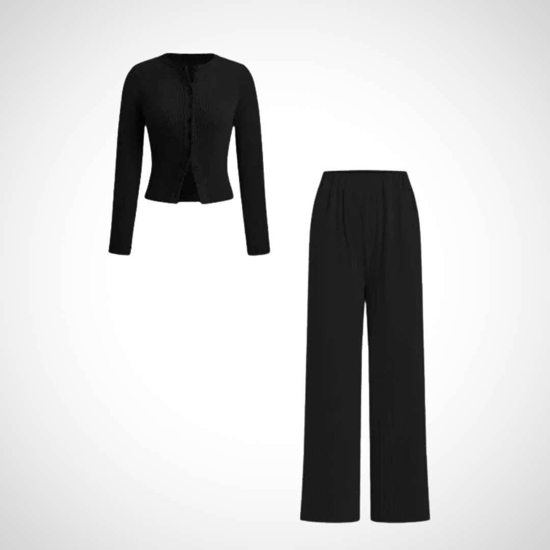 Cottage Elegant Button Front Long Sleeve Top And Trousers Set For Women | Arlena