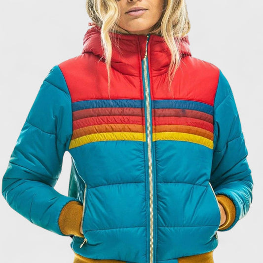 Nurturing Striped Hooded Puffer Jacket For Women | Elara
