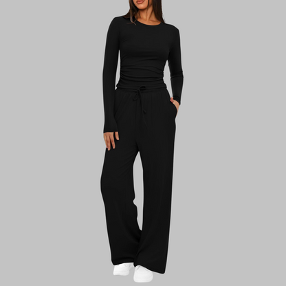 Hampstead Casual Long Sleeve Top And Wide Leg Trousers Set For Women | Eloria