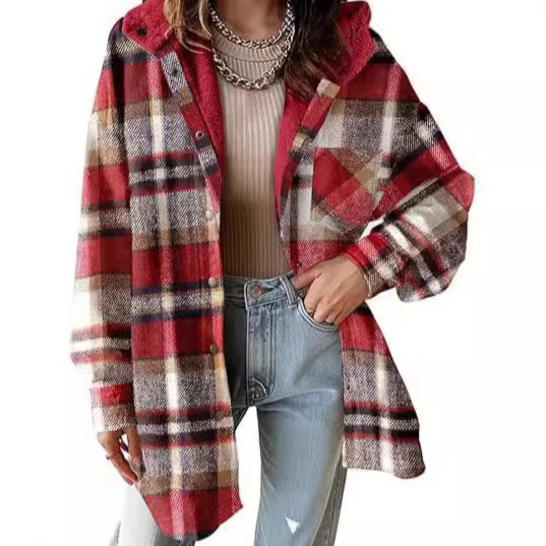 Long Relaxed Fit Hooded Plaid Jacket For Women | Brinley
