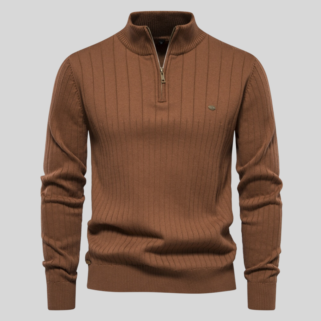 Lavender Ribbed Zip Neck Sweater for Men | Corin