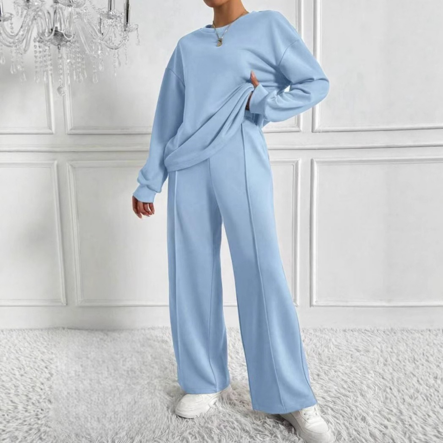 Slim Casual Long Sleeve Sweatshirt And High Waist Trousers Set For Women | Veloura