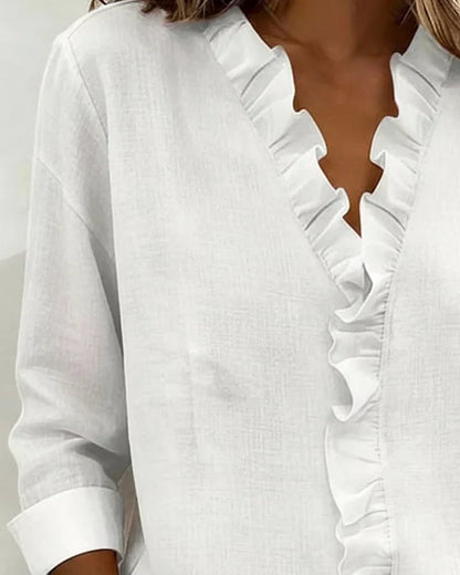 Centered Blouse with ruffled V-neck and long sleeves for women | Indie