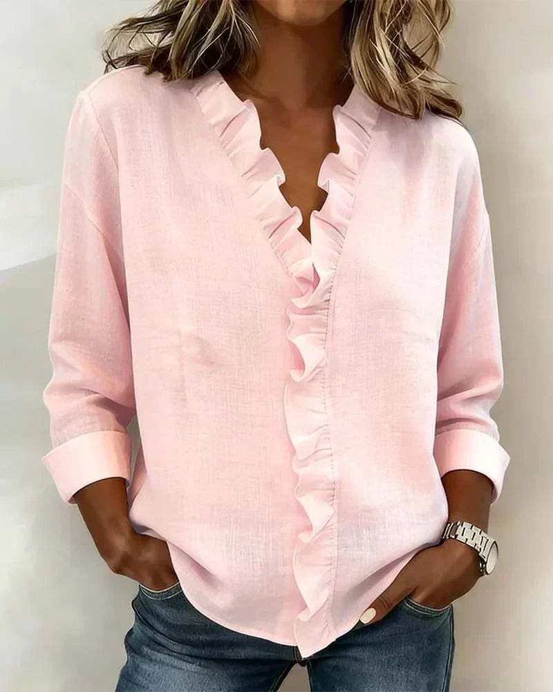 Centered Blouse with ruffled V-neck and long sleeves for women | Indie