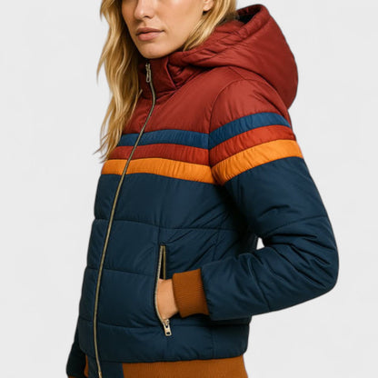 Nurturing Striped Hooded Puffer Jacket For Women | Elara