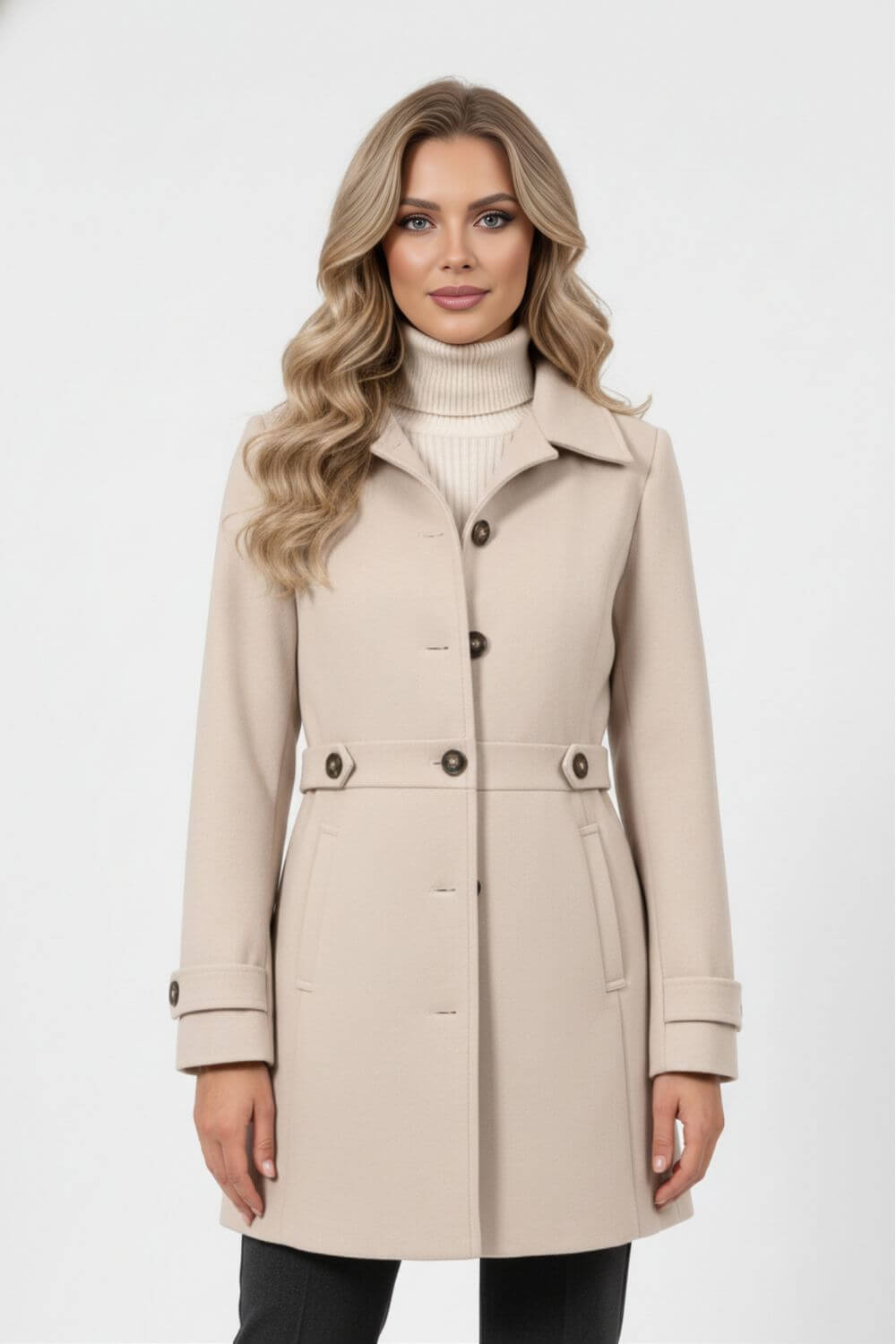 Tailored Belted Button Front Long Coat For Women | Mirevane