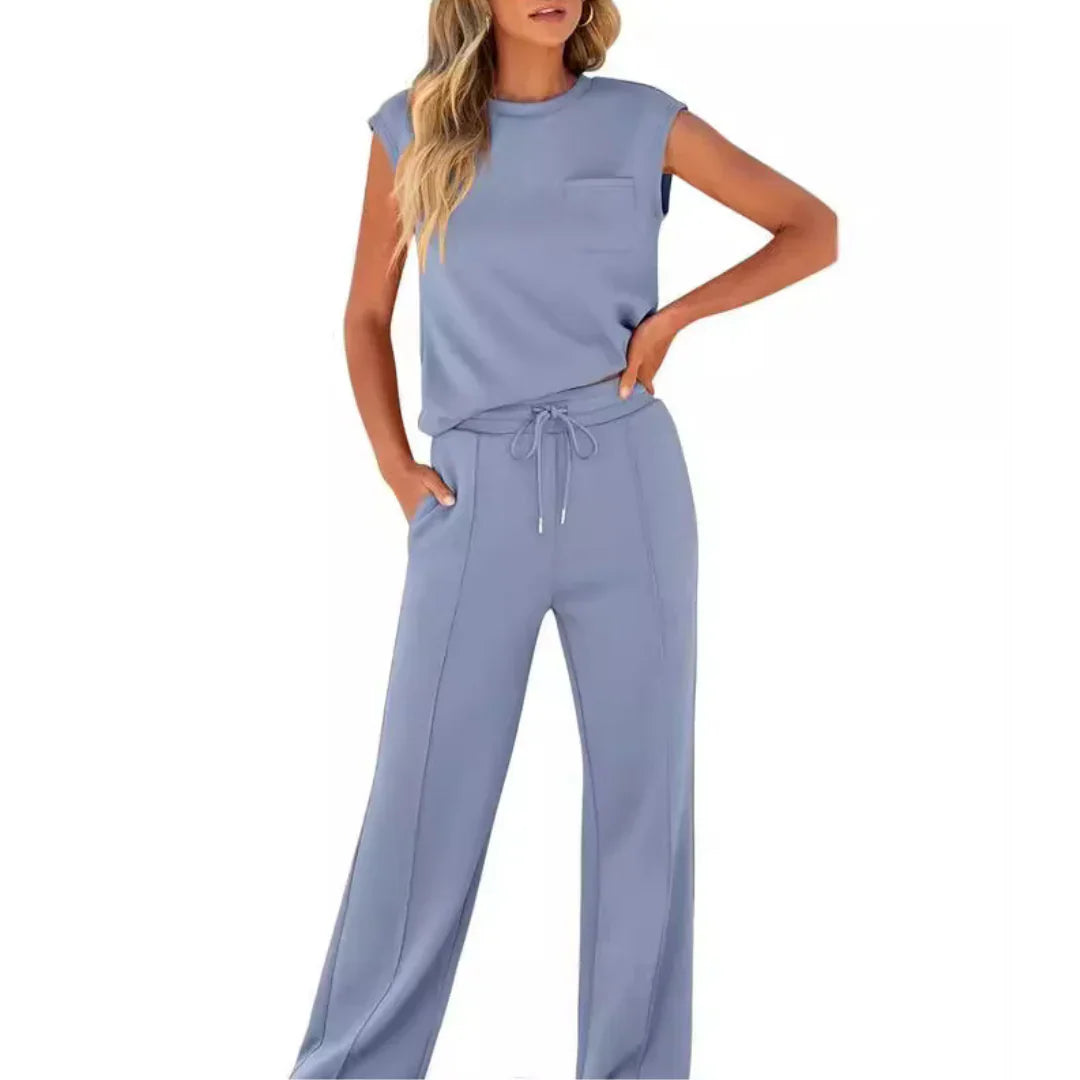 Marble Sleeveless Top And Wide Leg Trousers Set For Women | Eliana