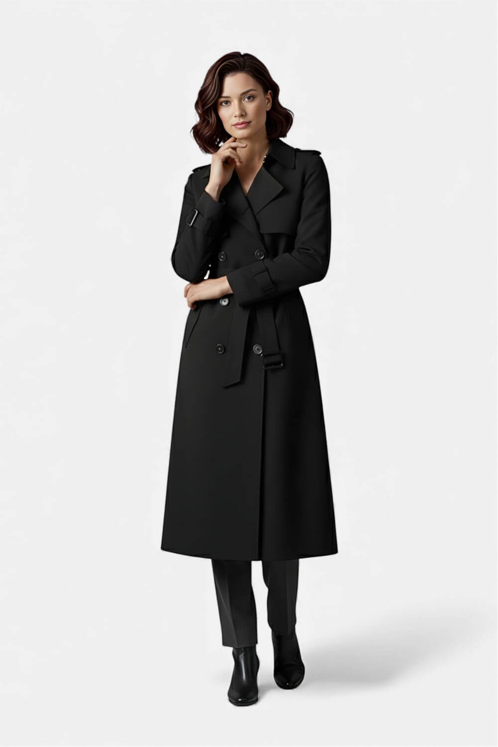 Nurturing Belted long trench coat with double-button front for women | Caurelle