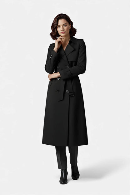 Nurturing Belted long trench coat with double-button front for women | Caurelle