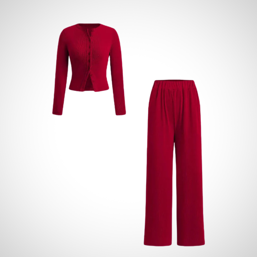 Cottage Elegant Button Front Long Sleeve Top And Trousers Set For Women | Arlena