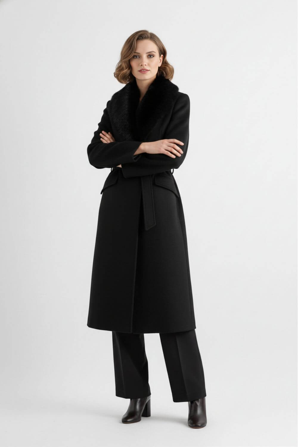 Reassuring Long coat with soft collar and belted waist for women | Caurelle