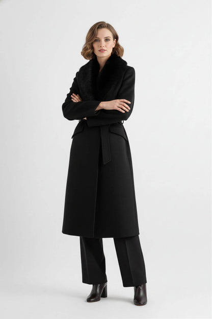 Reassuring Long coat with soft collar and belted waist for women | Caurelle